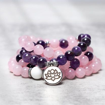 Mythstone Natural Rose Quartz & Amethyst Mala Bead Lotus Pendant Bracelet