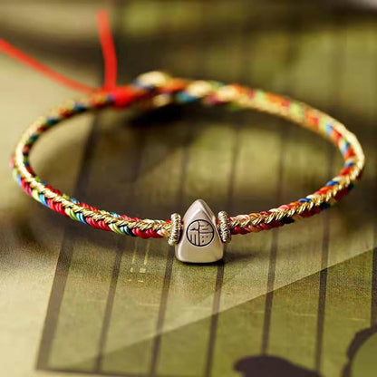 Mythstone 925 Sterling Silver Fu Character Zongzi Pattern Multicolored String Luck Handmade Braided Bracelet