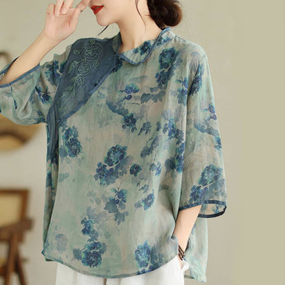 Mythstone Blue Jacaranda Flower Design Three Quarter Sleeve Ramie Linen Shirt