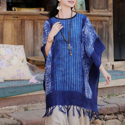 Mythstone Blue Geometric Stripes Batik Shawl Tassels Cozy Travel Pullover 90*95cm