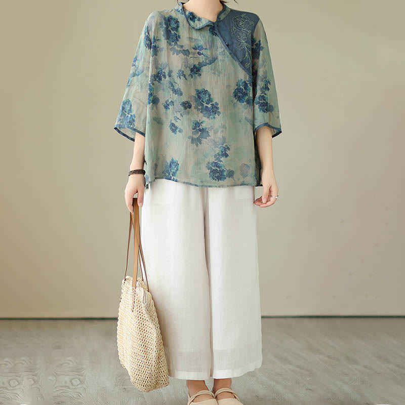 Mythstone Blue Jacaranda Flower Design Three Quarter Sleeve Ramie Linen Shirt