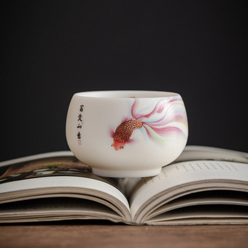 Mythstone Koi Fish White Porcelain Ceramic Teacup Kung Fu Tea Cup