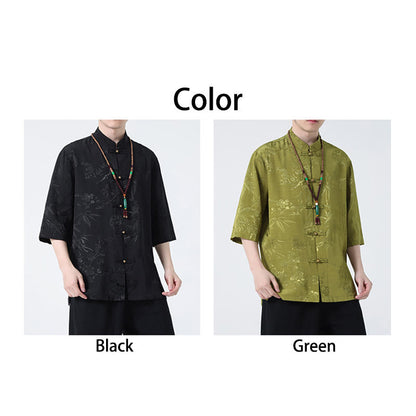 Mythstone Peach Blossom Bamboo Leaves Frog-button Chinese Half Sleeve Shirt Men T-shirt