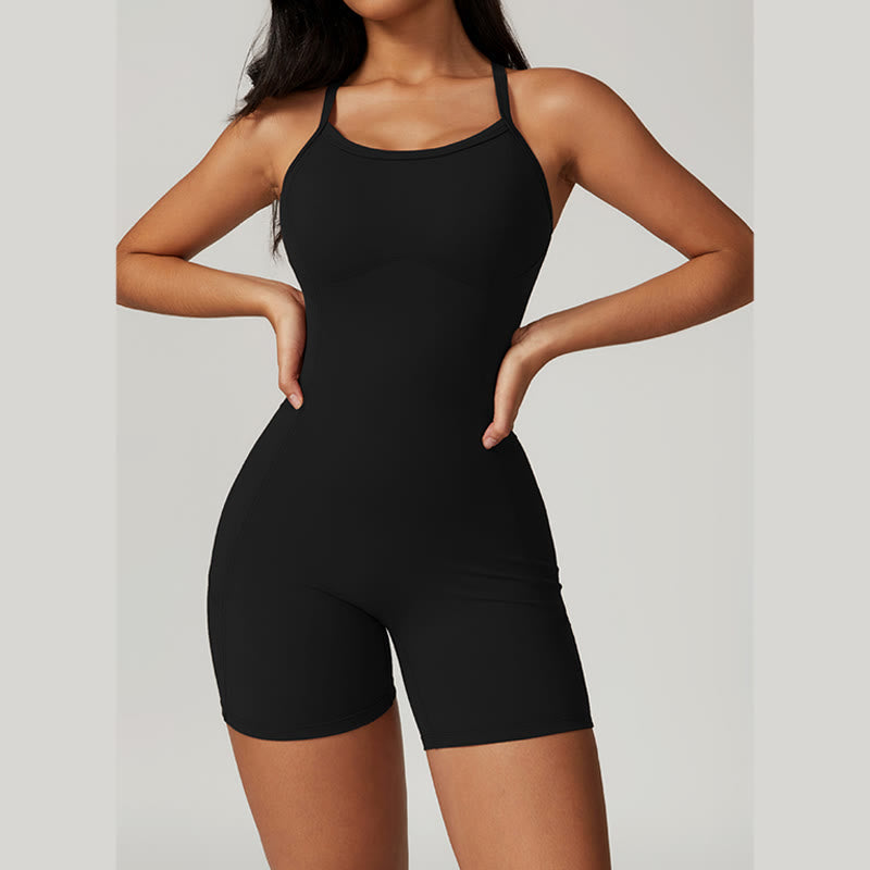 Mythstone Backless Criss-Cross Strap Jumpsuit Romper Sports Fitness Yoga Women Bodysuit With Pockets