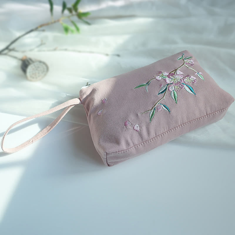 Mythstone Small Flower Plum Cherry Crane Peach Blossom Embroidery Canvas Wallet Shopping Purse