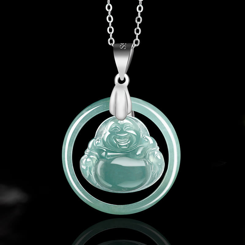 Collar con colgante de Buda sonriente redondo de jade natural en plata de ley 925 de Mythstone