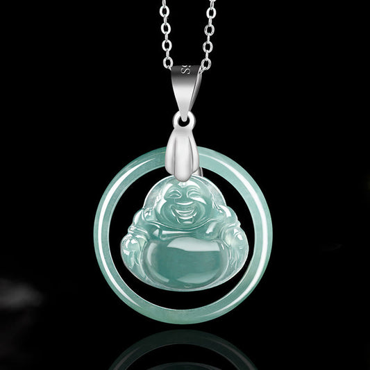 Mythstone 925 Sterling Silver Natural Jade Round Laughing Buddha Abundance Chain Necklace Pendant