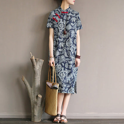 Mythstone Blue White Flower Frog-button Cheongsam Dresses Short Sleeve Linen Dresses With Pockets