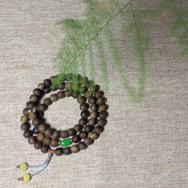 Mythstone 108 Mala Beads Nha Trang Bai Qinan Agarwood Cyan Jade Amber Strength Meditation Bracelet