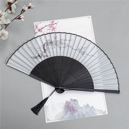 Mythstone Mountains Plum Blossom Lotus Magpie Bamboo Leaves Handheld Silk Bamboo Folding Fan 22.5cm