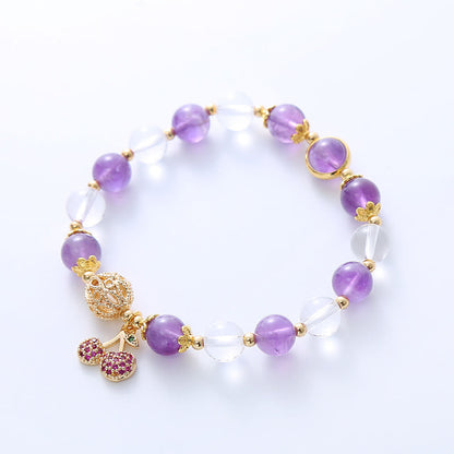 Mythstone Natural Amethyst White Crystal Positive Cherry Charm Bracelet