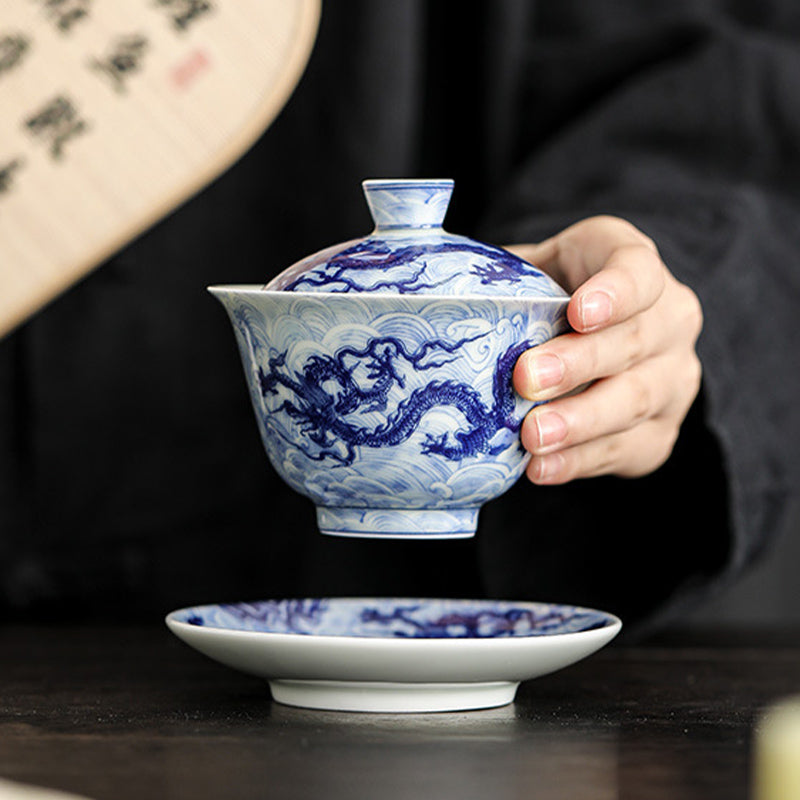 Mythstone Blue and White Dragon Pattern Porcelain Gaiwan Sancai Teacup Kung Fu Tea Cup And Saucer With Lid