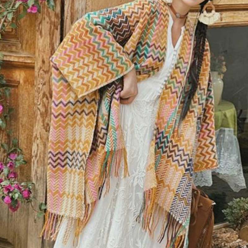 Mythstone Tibetan Shawl Colorful Wavy Striped Shapes Tassels Winter Cozy Travel Scarf Wrap