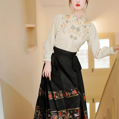 Mythstone Long Sleeve Shirt Embroidery Top Chinese Hanfu Phoenix Horse Face Skirt Mamianqun