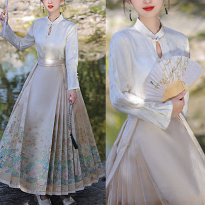 Mythstone Beige Summer Lotus Flowers Pond Printed Chinese Hanfu Horse Face Skirt Mamianqun