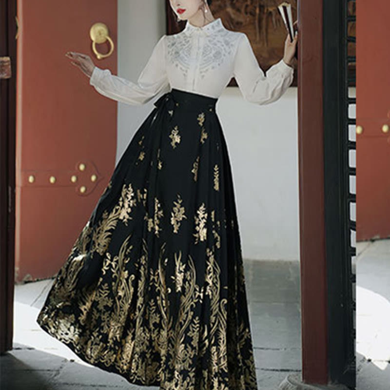 Mythstone Flowers Leaves Feathers Long Sleeve Shirt Top Chinese Hanfu Ming Dynasty Horse Face Skirt Mamianqun Skirt