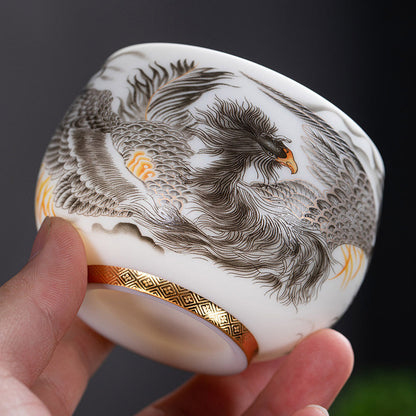 Mythstone Phoenix White Porcelain Ceramic Teacup Kung Fu Tea Cup 185ml With Gift Box