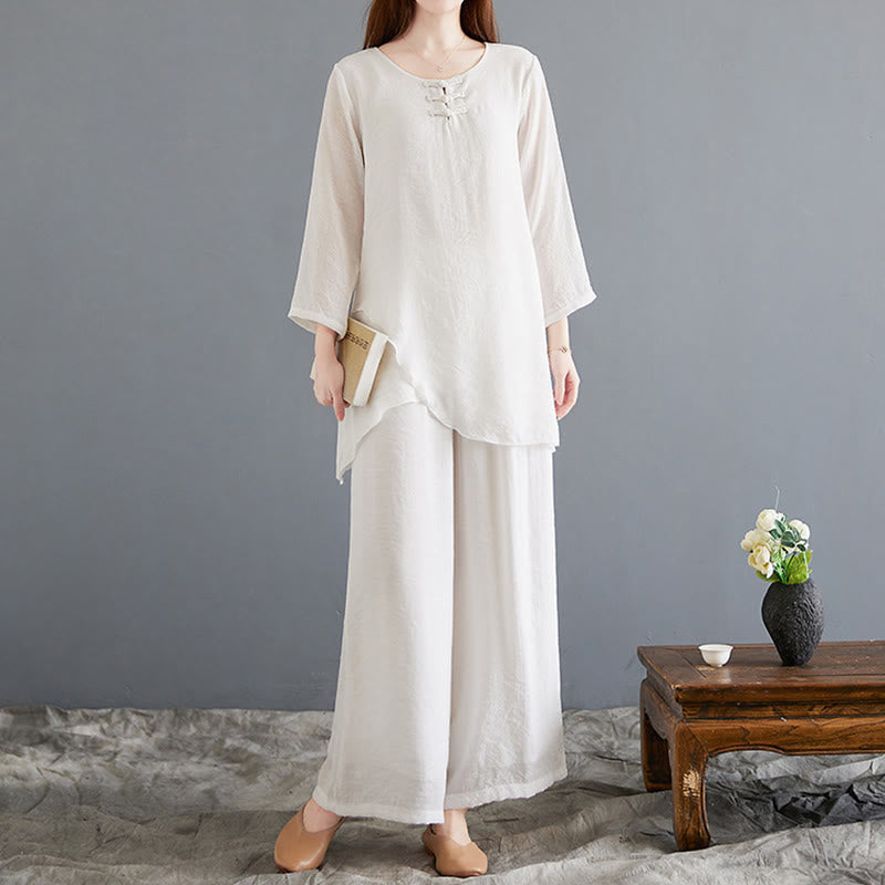 Mythstone 2Pcs Frog-Button Long Sleeve Shirt Wide Leg Pants Meditation Cotton Linen Clothing