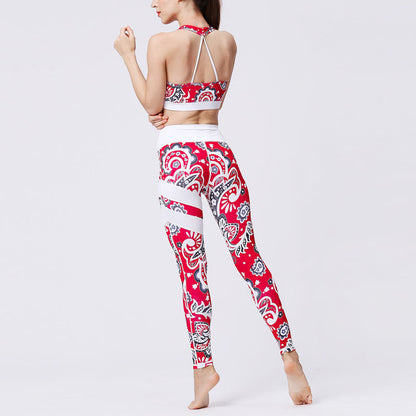 Mythstone 2Pcs Sunflower Flowers Leaves Print Top Pants Sports Fitness Yoga Women's Yoga Sets