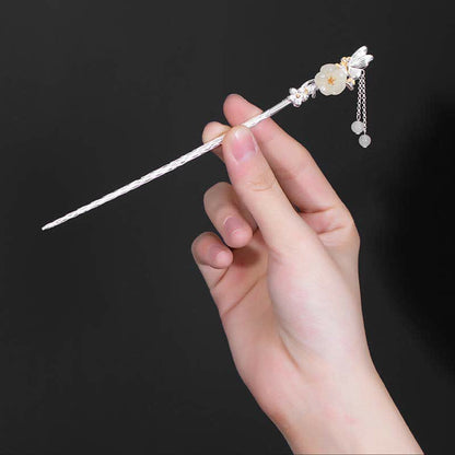 Mythstone 925 Sterling Silver Hetian White Jade Flower Blessing Hairpin