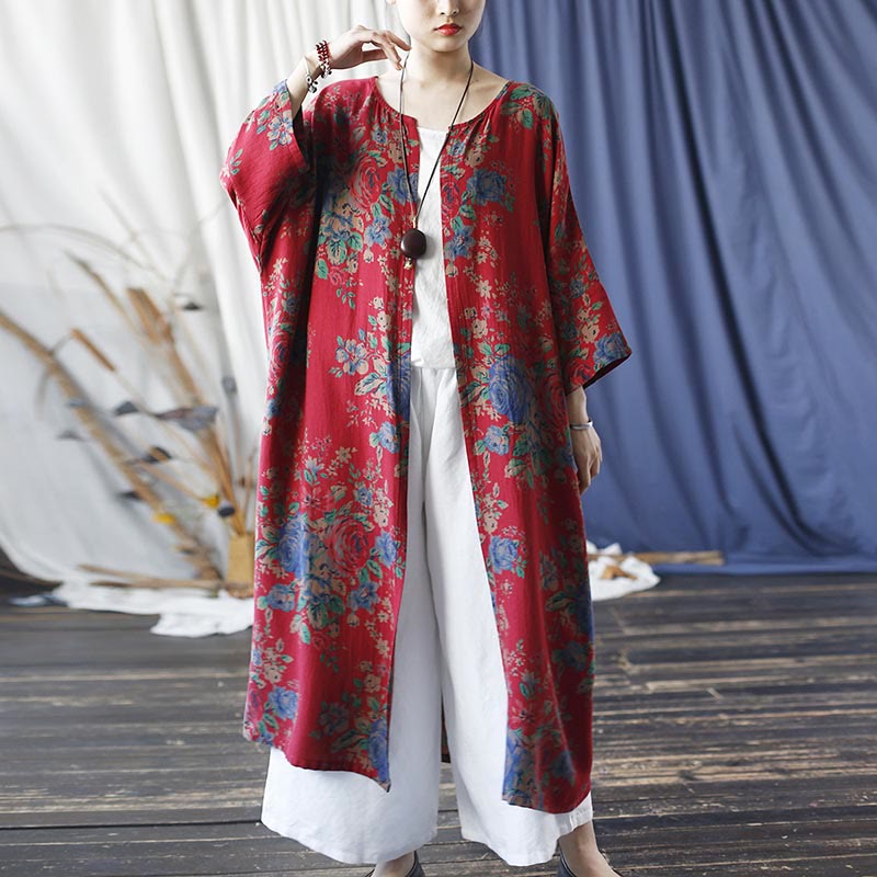 Mythstone Red Blue Flowers Print Cotton Three Quarter Sleeve Open Front Jacket Coat