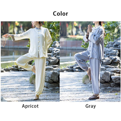 Mythstone 2Pcs Frog-Button Long Sleeve Shirt Top Pants Meditation Zen Tai Chi Cotton Linen Clothing Women's Set