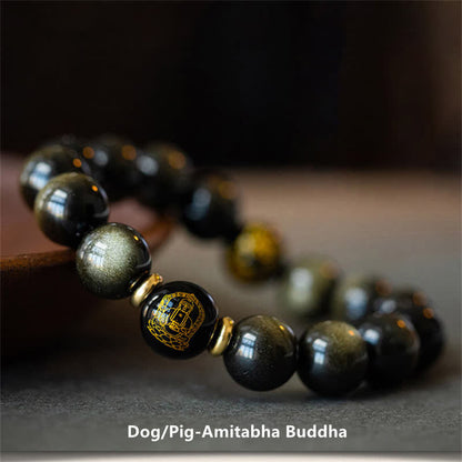 Mythstone Chinese Zodiac Natal Buddha Gold Sheen Obsidian Wealth Protection Bracelet