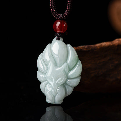 Mythstone Natural Jade Nine Tailed Fox Luck Prosperity Necklace Pendant