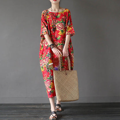 Mythstone Red Peony Flowers Printed Midi Dress Half Sleeve Cotton Linen Dress