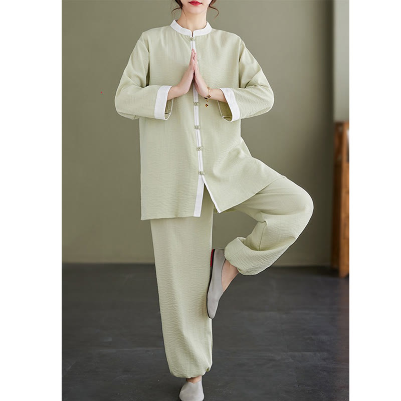 Mythstone 2Pcs Vintage Long Sleeve Shirt Top Pants Meditation Zen Tai Chi Cotton Linen Clothing Women's Set