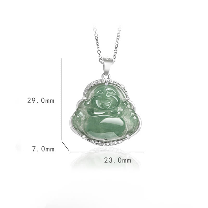 Mythstone 925 Sterling Silver Laughing Buddha Natural Jade Luck Prosperity Necklace Chain Pendant