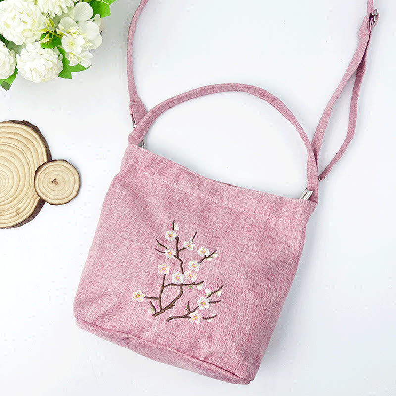 Mythstone Embroidery Wisteria Plum Lotus Cherry Blossom Cotton Linen Canvas Tote Crossbody Bag Shoulder Bag Handbag