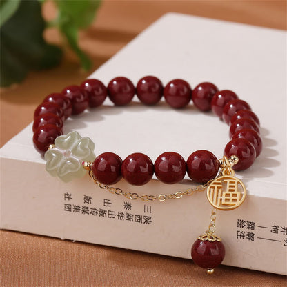 Mythstone Cinnabar Fu Character Hetian Jade Lucky Four Leaf Clover Blessing Bracelet