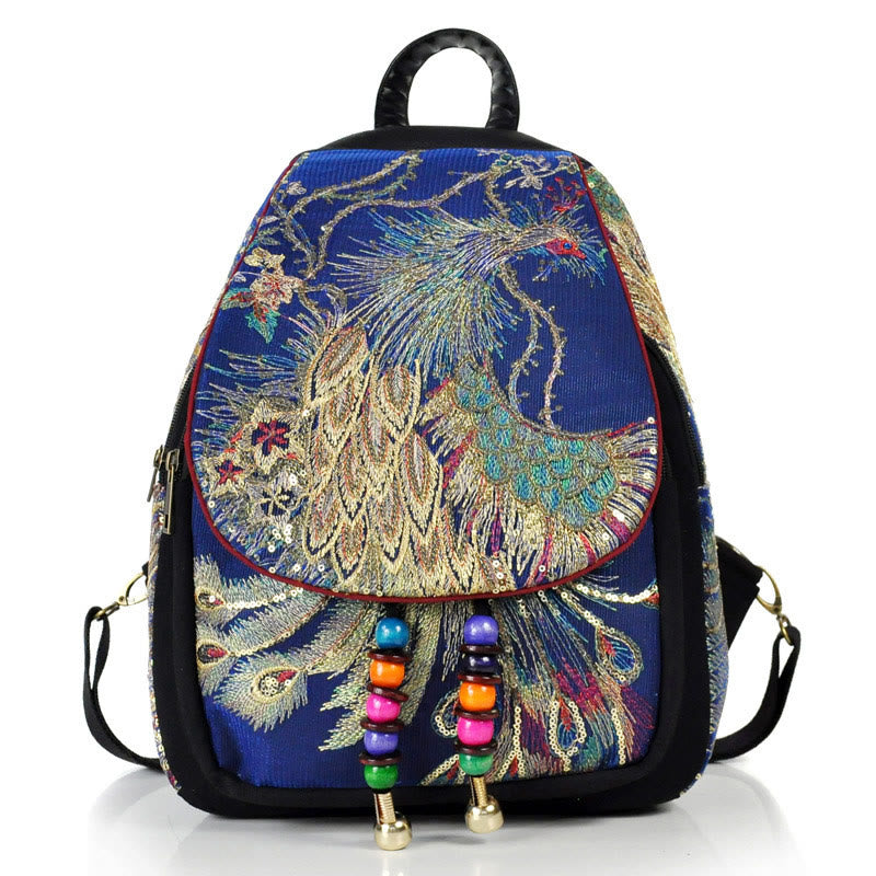 Mythstone Peacock Embroidery Canvas Tassel Backpack