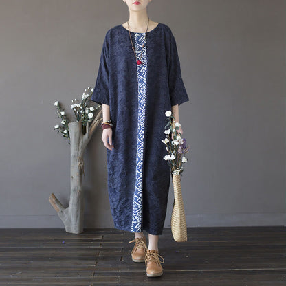 Mythstone Blue Flowers Embroidery Jacquard Midi Dress Three Quarter Sleeve Cotton Dress With Pockets