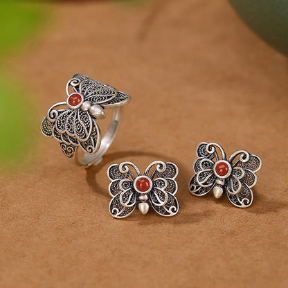 Mythstone 925 Sterling Silver Red Agate Butterfly Self-acceptance Ring Earrings Set