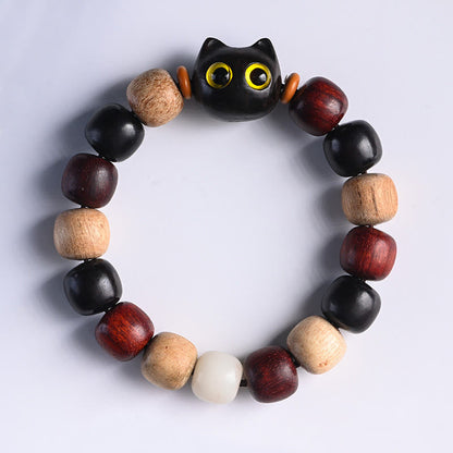 Mythstone Small Leaf Red Sandalwood Ebony Wood Cute Cat Engraved Protection Bracelet