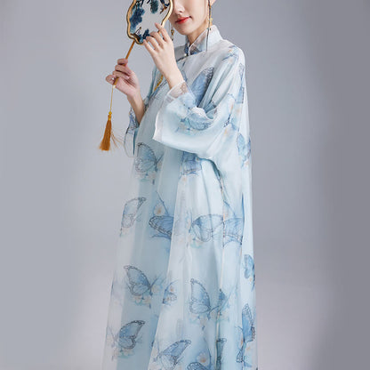 Mythstones 100% Mulberry Silk Organza Blue Butterfly Print Qipao Cheongsam Dress