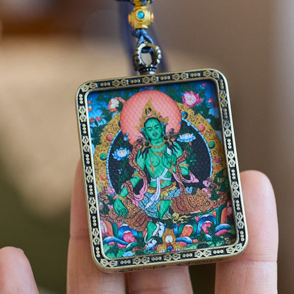 Mythstone Tibetan Green Tara Hand-Painted Thangka Buddha Protection Necklace Pendant