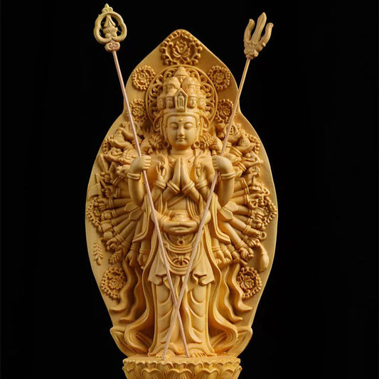 Mythstone Handmade Thousand-armed Avalokitesvara Kwan Yin Bodhisattva Statue Boxwood Abundance Home Decoration