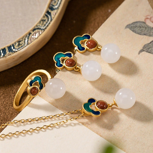 Mythstone 925 Sterling Silver Plated Gold Natural Hetian White Jade Auspicious Clouds Luck Necklace Pendant Ring Earrings Set