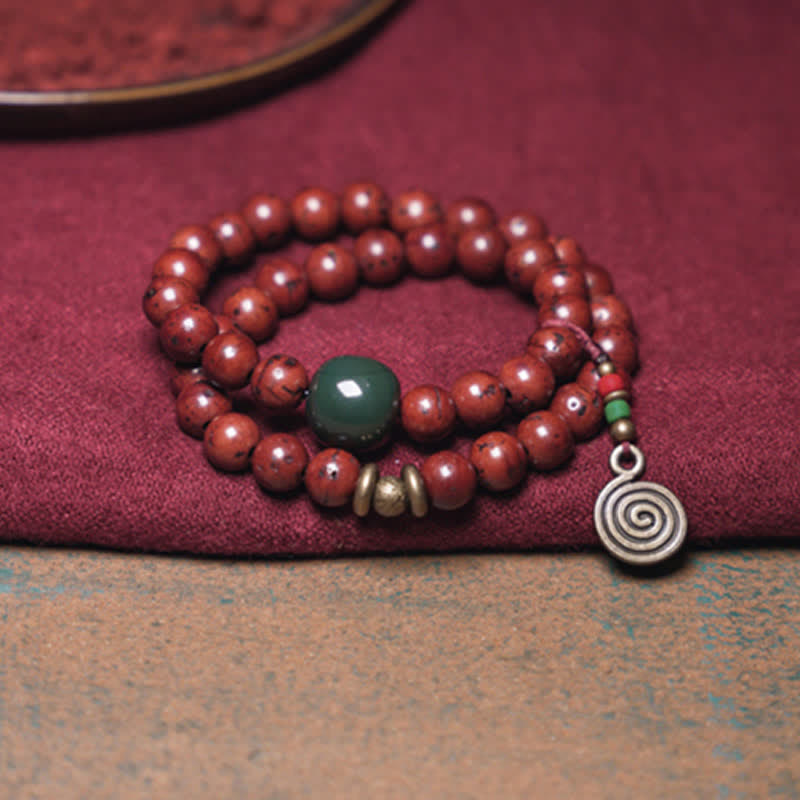 Pulsera de cobre y jade cian con semilla de Bodhi y piedra mitológica para la suerte y la paz 