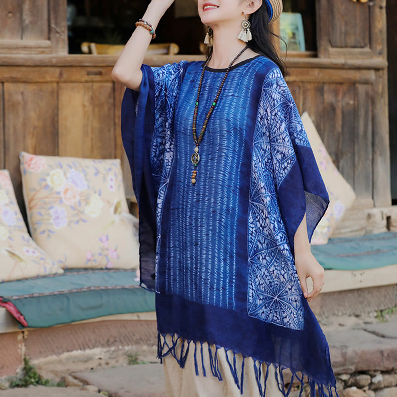 Mythstone Blue Geometric Stripes Batik Shawl Tassels Cozy Travel Pullover 90*95cm