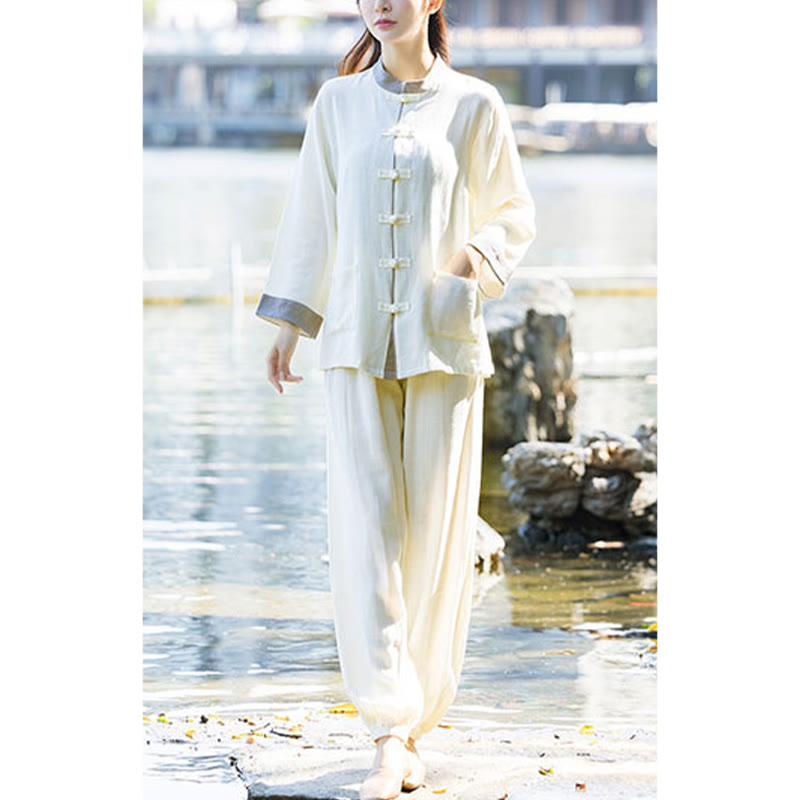 Mythstone Frog-Button Meditation Prayer Spiritual Zen Practice Tai Chi Uniform Clothing Women's Set