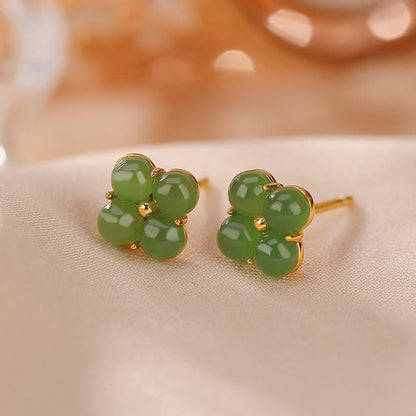 Mythstone 925 Sterling Silver Plated Gold Natural Cyan Jade Four Leaf Clover Luck Stud Earrings