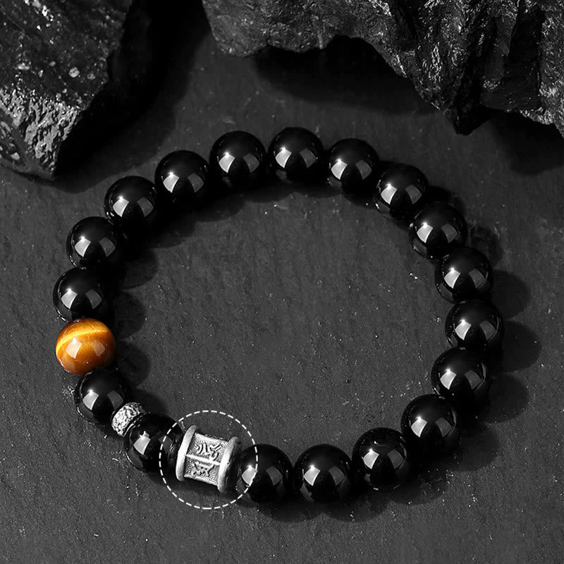 Pulsera de plata de ley 999 con obsidiana negra y ojo de tigre con Om Mani Padme Hum 