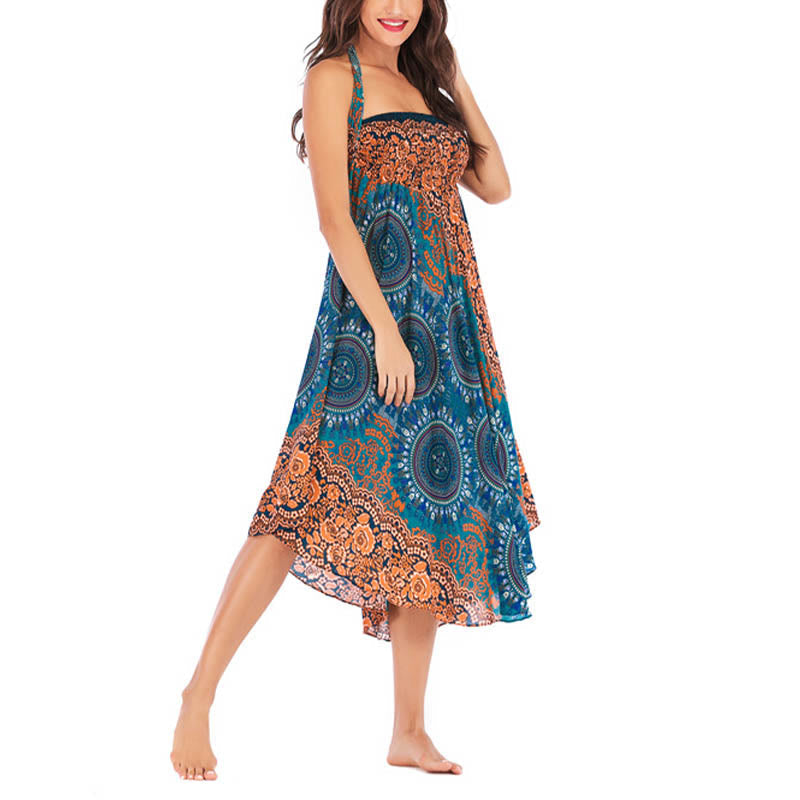 Mythstone Two Style Wear Boho Compass Rose Flower Print Lace-up Skirt Dress