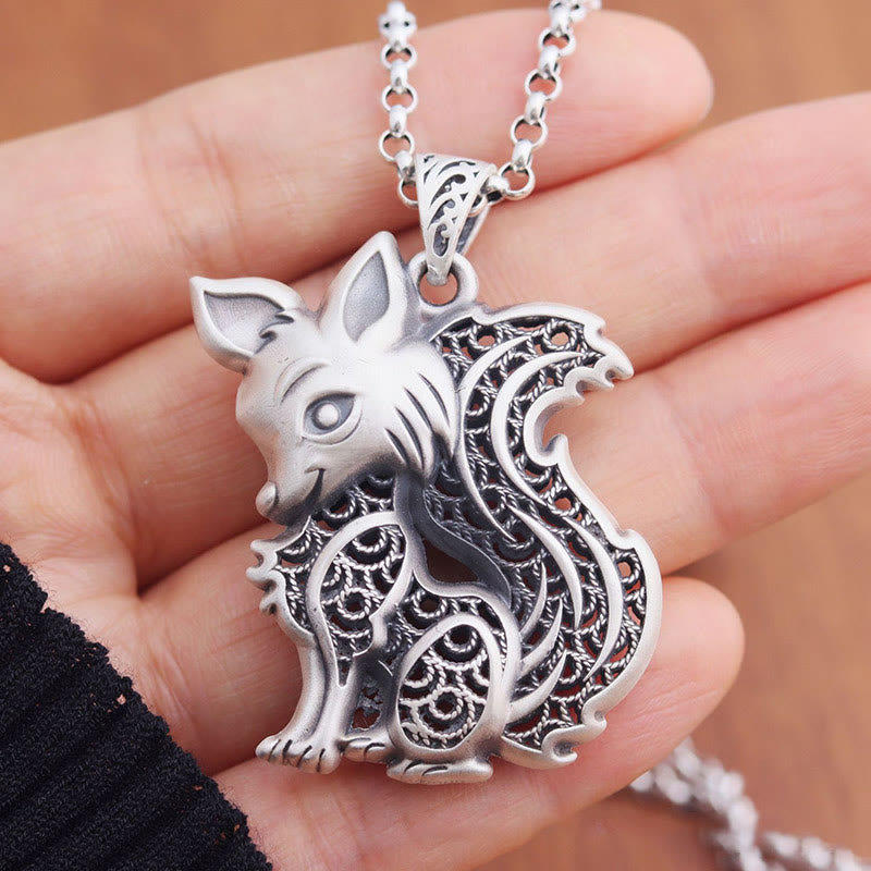 Mythstone Tibet 999 Sterling Silver Fox Pattern Two-sided Blessing Necklace