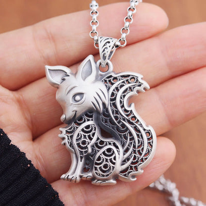 Mythstone Tibet 999 Sterling Silver Fox Pattern Two-sided Blessing Necklace