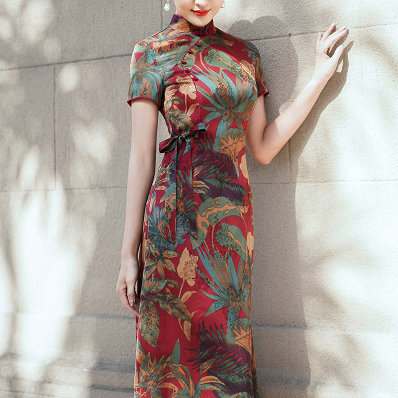 Mythstone Silk Qipao Dress Retro Flower Leaf Pattern Women's Cheongsam Dress